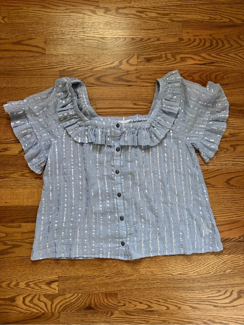 Anthropologie Ruffled Square-Neck Button Front Top - Light Blue